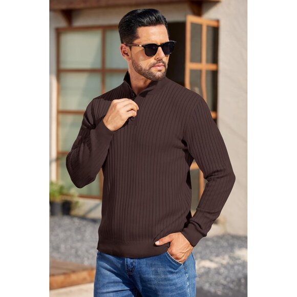 Men's Quarter Button Sweater Long Sleeve Stand Collar Sweater Knitted Brown - Picture 3 of 5